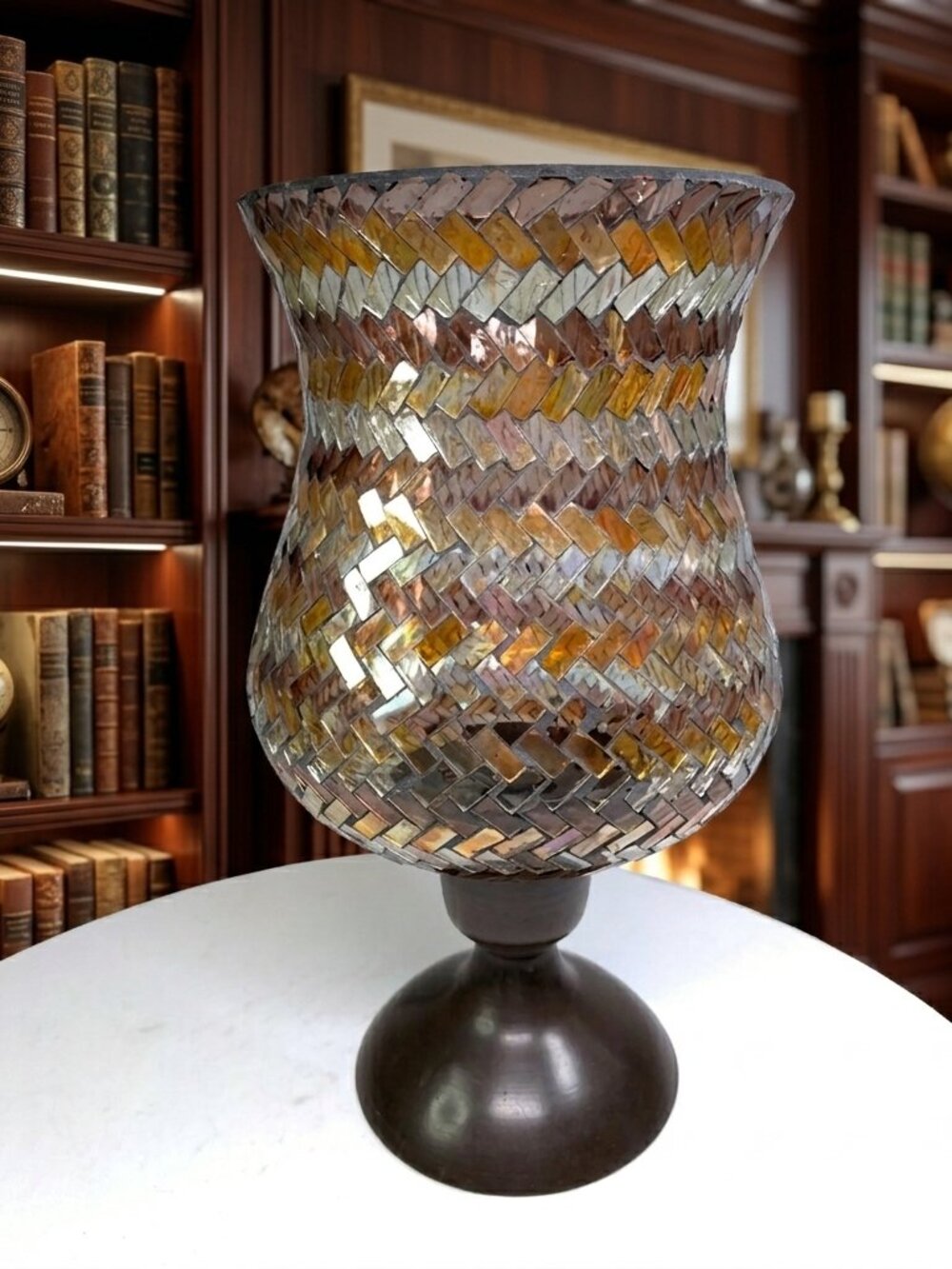 Brown & Orange Mosaic Vase w metal base 11" tall Kohls almost 3 pounds